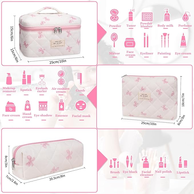 3PC Makeup Bag Set, Quilted Makeup Bag Set, Large Floral Cosmetic Bag for Women, Cute Cotton Makeup Bags, Flower Travel Toiletry Organizer Bag (White Pink Bow Tie)
