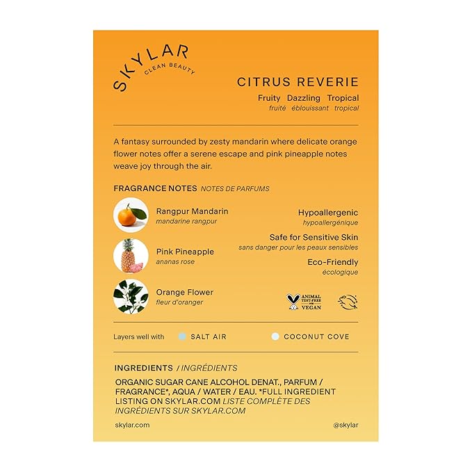 Skylar New Citrus Reverie Eau de Parfum-Hypoallergenic Clean Perfume for Women & Men, Vegan, Safe for Sensitive Skin-Fruity Floral Scents, Madarin, Orange, Pinapple-50mL /1.70 Fl Oz