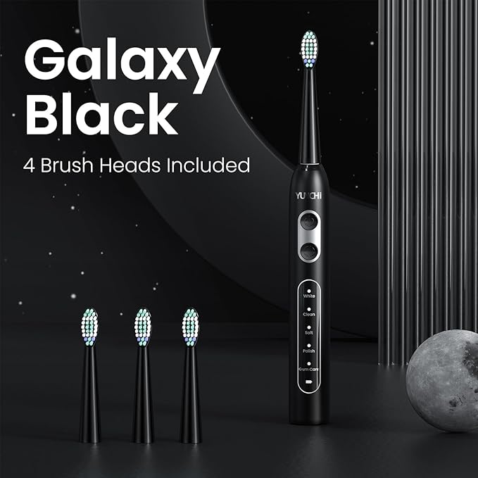 YUNCHI Sonic Electric Toothbrush for Adults and Kids, Black Electric Toothbrush,55 Days Last USB Rechargeable Toothbrush, 5 Modes, 4 Brush Heads, 2-Min Smart Timer, IPX7 Waterproof
