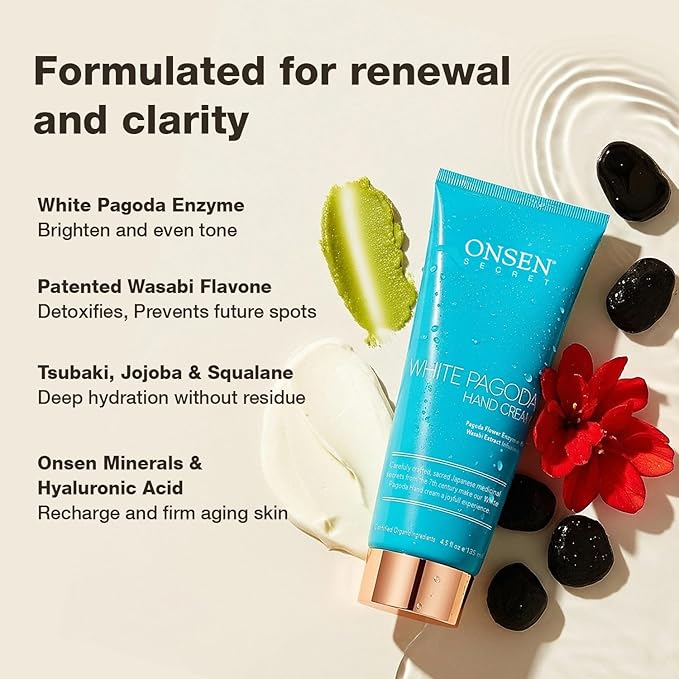 Onsen White Pagoda Hand Cream | Japanese-Inspired Firming Hand Lotion with Pagoda Flower Enzyme, Tsubaki, Jojoba & Squalane | Nursing Essentials for Aging Hands | Vegan (4.5 oz)