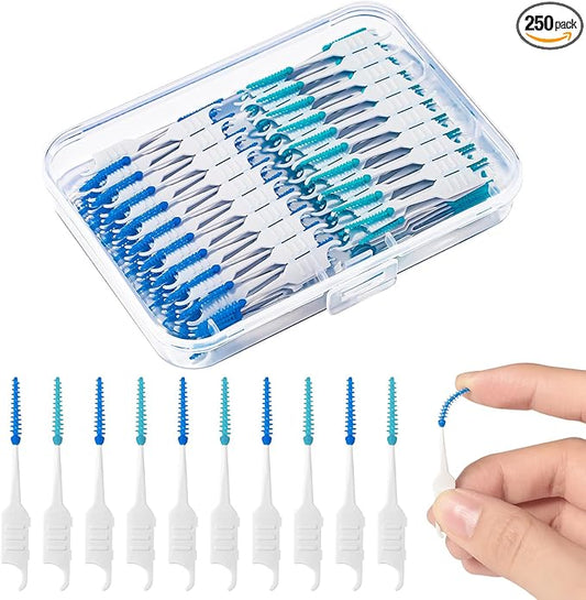250 Pieces Dental Floss Picks, Silicone Interdental Brushes with Case Dental Brushes Dental Picks Blue Tooth Floss Picks for Teeth Cleaning(Blue,Green)