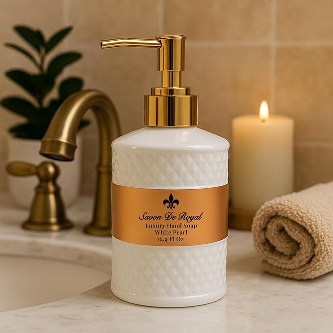 Luxury Liquid Hand Soap, Musk - Vanilla Scent, Moisturizing Vegan Kitchen & Bathroom Soap for Hand Wash, Gentle & Nourishing Formula, Refillable Bottle 16.9 Fl Oz, White Pearl