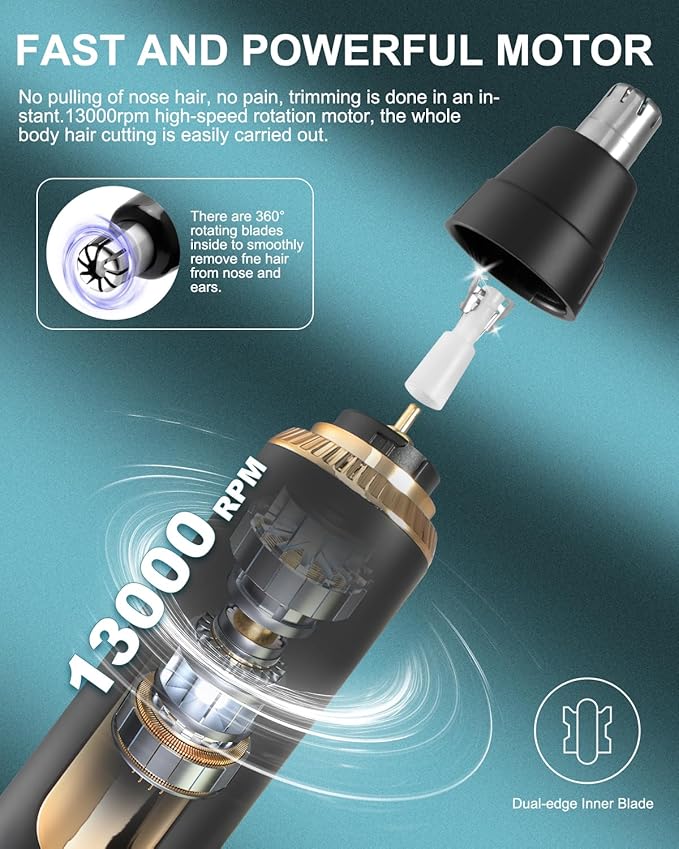 Ear and Nose Hair Trimmer for Men Women with LED Display, 2 in 1 Painless USB Rechargeable Nose Trimmer Clipper Eyebrow & Facial Hair Remover, 13,000 RPM,Dual Edge Blades,Waterproof,Black Gold