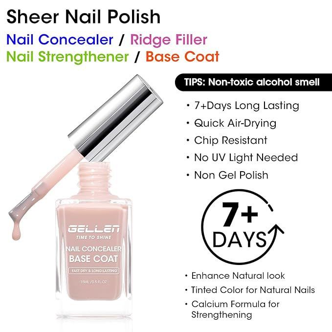GELLEN 4-In-1 Nude Illuminating Nail Concealer Base Coat Polish Neutral Earth Tones, Sheer Nail Strengthener Ridge Filler for Nails, Smoothes Strengthens Nails, Quick Dry, Hema Free, Non-toxic, Vegan