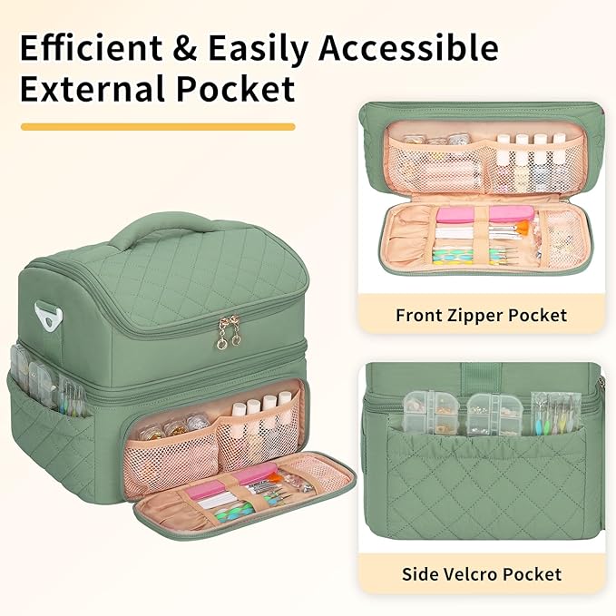 Nail Polish Organizer, Nail Organizers And Storage Bag Holds 48 Bottles & Full Size Nail Lamp, Double Layer Nail Tech Travel Case for Nail Supplies & Manicure Kit & Pedicure Tools (Green, 48 Slots)