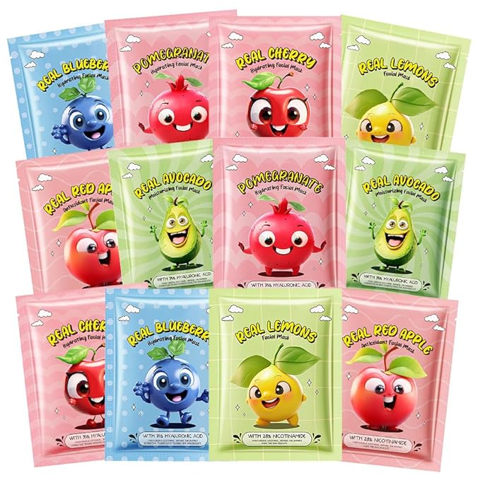 evpct 12 Pack Fruit Kids Face Masks for Kids Girls Spa, Girls Kids Facial Spa Day Slumber Sleepover Birthday Party Favors Supplies Kit for Girl, Kid Friendly Facial Face Masks Bulk Skincare for Kid, 5
