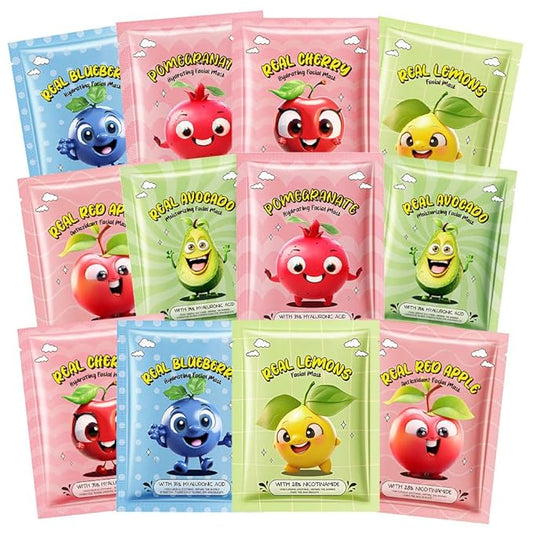 evpct 12 Pack Fruit Kids Face Masks for Kids Girls Spa, Girls Kids Facial Spa Day Slumber Sleepover Birthday Party Favors Supplies Kit for Girl, Kid Friendly Facial Face Masks Bulk Skincare for Kid, 5