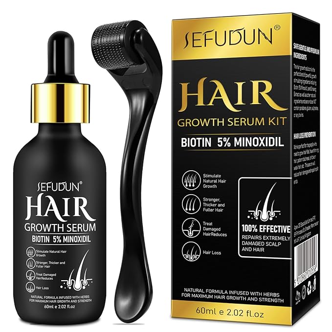 5% Minoxidil for Men and Women with Derma Roller, Hair Growth Serum & Beard Growth Kit, Minoxidil Biotin Hair Regrowth Treatment for Thicker, Fuller Hair - Stop Scalp Hair Loss & Thinning - 2.02 oz