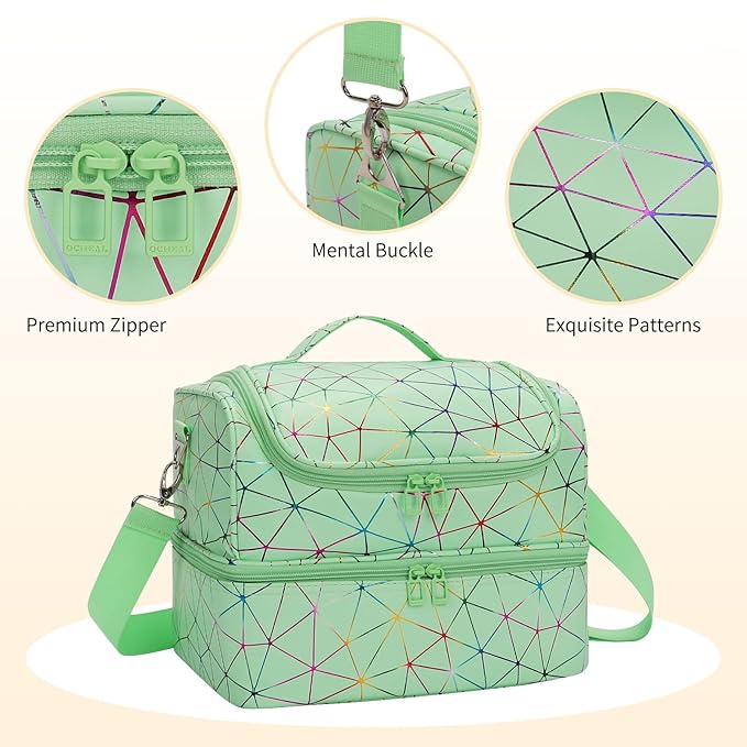 CUBETASTIC Nail Polish Organizer, Cute Nail Tech Organizers And Storage Bag Holds 45 Bottles & UV Nail Lamp, Compact Double-Layer Travel Nail Supplies Case for Nail Kit (Triangle Green, 45 Slots)