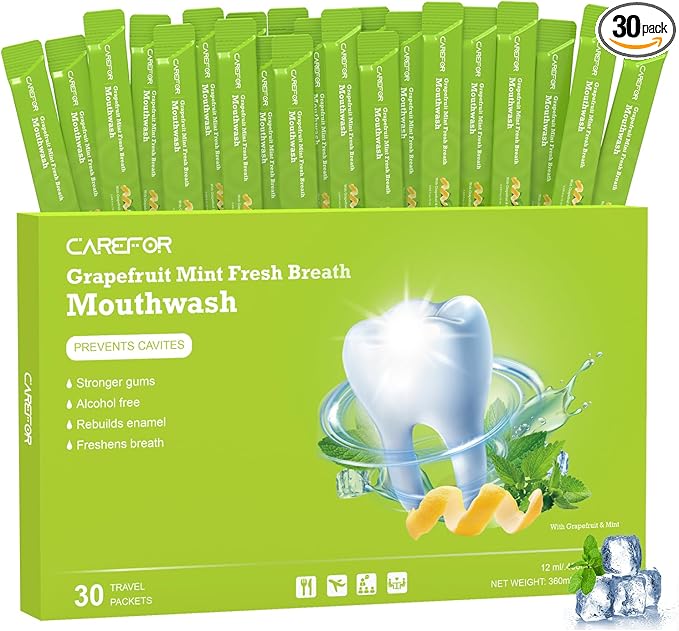 Travel Size Mouthwash Packets – Individual Mini, Alcohol & Fluoride Free, Grapefruit Mint Flavor, Mouthwash to Go for On-The-Go Freshness, Bulk Packets 0.41 Fl Oz(Pack of 30)
