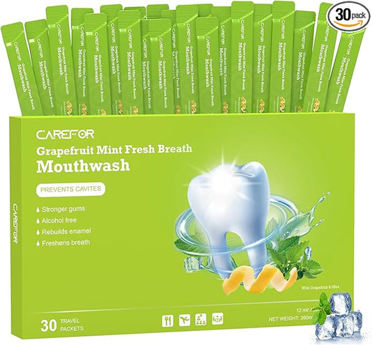 Travel Size Mouthwash Packets – Individual Mini, Alcohol & Fluoride Free, Grapefruit Mint Flavor, Mouthwash to Go for On-The-Go Freshness, Bulk Packets 0.41 Fl Oz(Pack of 30)