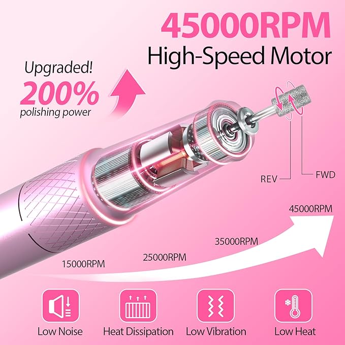 Professional Electric Nail Drill E-File Machine - 45,000 RPM Corded Nail Drills Kit with Low Noise & LED Display for Shaping, Removing & Polishing Acrylic Gel Nails for Salon Home
