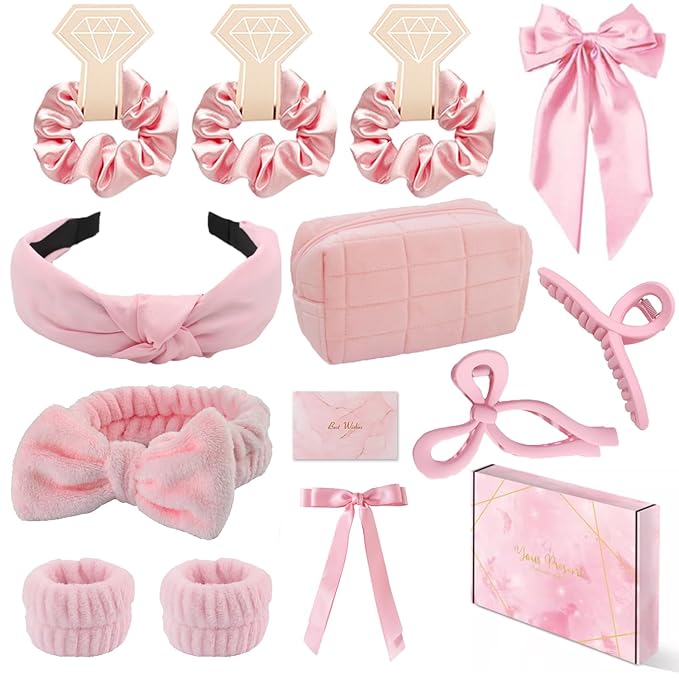 Spa Headband and Wristband Set Top Knotted Headbands Silky Satin Hair Bows Bows Hair Clip Big Hair Claw Clips Butterfly Hair Accessories Satin Silk Scrunchies Quilted Makeup Bag Blank Cards Gift Box