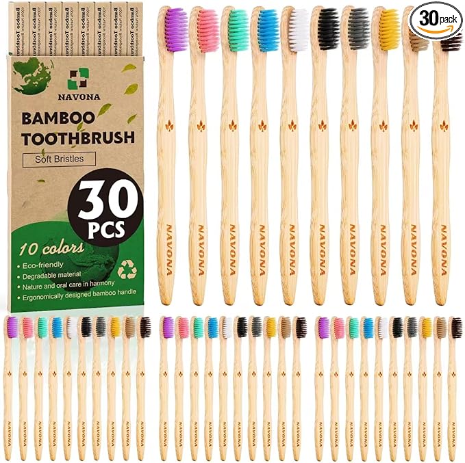 Navona 30 PCS Bamboo Toothbrushes, BPA Free Soft Bristles Toothbrush for Adults, Box of Two Kids Bamboo Toothbrushes Pack, Eco-Friendly Natural Wooden Toothbrush Bulk