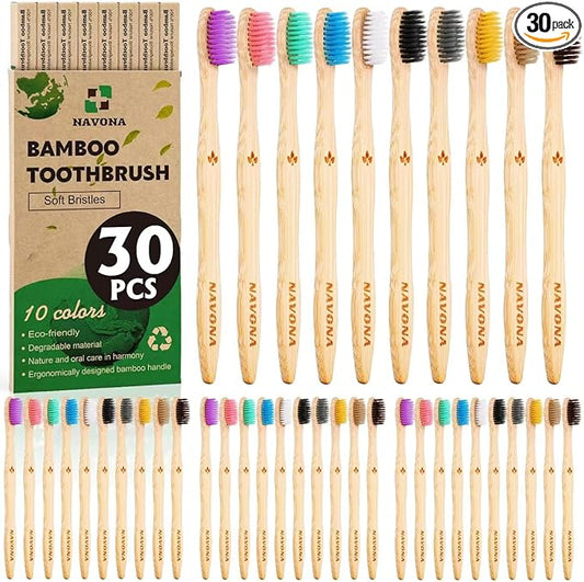 Navona 30 PCS Bamboo Toothbrushes, BPA Free Soft Bristles Toothbrush for Adults, Box of Two Kids Bamboo Toothbrushes Pack, Eco-Friendly Natural Wooden Toothbrush Bulk