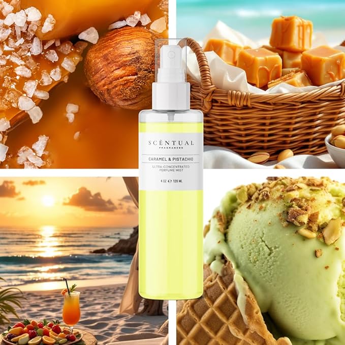 Ultra-Concentrated Hair & Body Perfume Mist, Long Lasting Women's Fragrance, Gourmand Perfumes for Women, Vegan and Cruelty Free (Caramel & Pistachio)