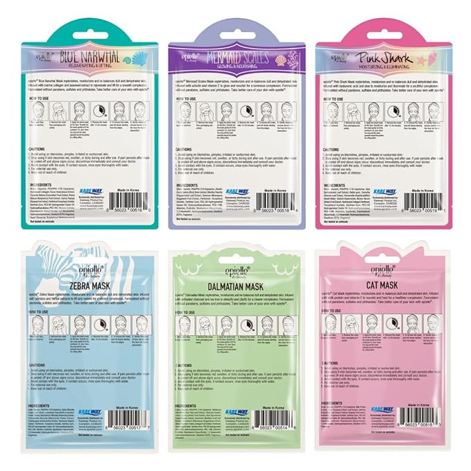 Epielle Character Face Mask Wave & Wild 6 Pack, Fun & Effective Korean Skin Care, Spa Party Favors, Stocking Stuffers, Birthday Gifts for Women, Thanksgiving Essentials