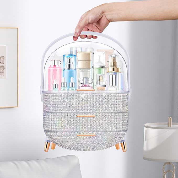 Teen Girls Gift Makeup Organizer, Skincare & Jewelry Storage, Cosmetics Display Case, Makeup Holder, Bathroom Organizer (Bling Rhinestone)