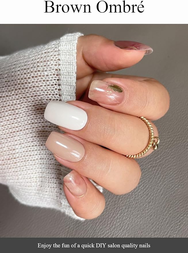 Semi Cured Gel Nail Strips (Brown Ombré), 20 Pcs Gold Foil Gel Nail Wraps, Stickers, Salon Quality, Fall, Works with Any UV Lamps