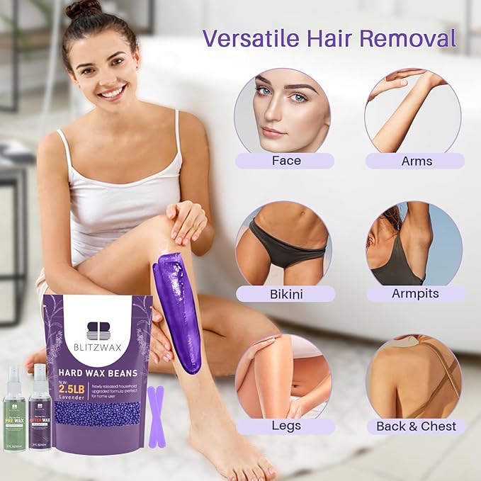 BLITZWAX 2.5lbs Hard Wax Beads for Hair Removal Lavender Waxing Beans for Sensitive Skin, Face, Eyebrows, Brazilian, Legs and Bikini - with 2 Silicone Sticks and 2 Wax Oils for Home and Salon Use