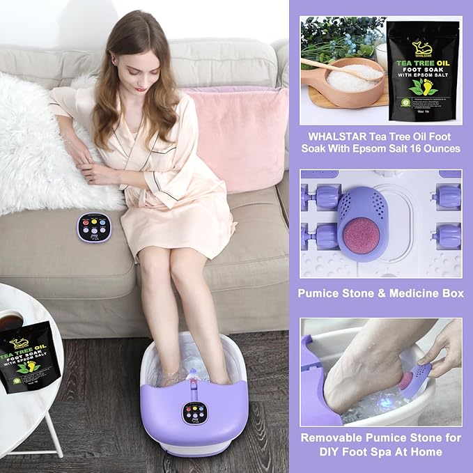 Collapsible Foot Spa Bath Massager with Heat Bubbles and Vibration Massage and Jets, 16OZ Tea Tree Oil Foot Soak Epsom Salt, WHALSTAR Foot Bath Bucket With Red Light & Remote