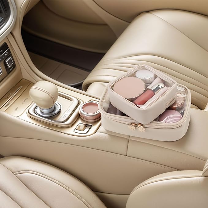 Pocmimut Mini Makeup Bag,Clear Makeup Bag Travel Toiletry Bag Pouch Purse Car Accessories Cute Stuff for Women,Travel Essentials Organizers,Beige