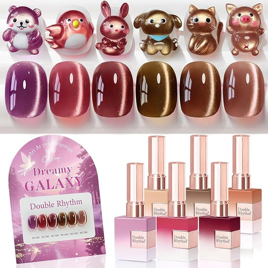 Double Rhythm Cat Eye Gel Nail Polish Set of 6 Same Color Same Bottle 0.5 Oz Shimmer Glitter with Magnet Holographic Reflective Magnetic UV Nail Polish Kit at Home (Rose Coffee Brown Red-T6-62)