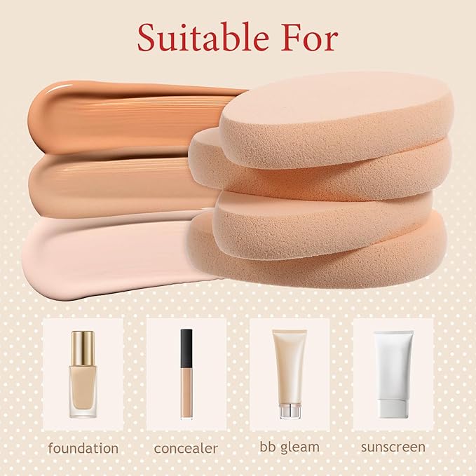 8Pcs Oval Puff Flat Makeup Sponge Cushion Foundation Puff Beige Smooth Makeup Applicator Sponge Wet Dry Primer Compact Cushion for Liquid Foundation Make Up Cosmetic Facial Cleanser