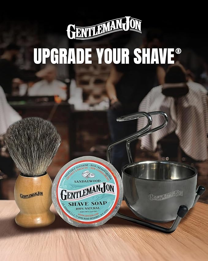 Gentleman Jon Complete Shaving Brush Kit – Old Fashion Shaving Kit for Men, Includes Shave Brush, Bowl, Soap & Stand, Vintage Wet Shave Mug, Barber-Style 4-Piece Gift Set, Men's Barber Accessories