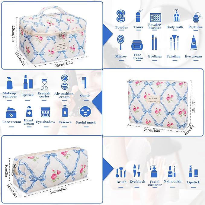Makeup Bag Set, Quilted Makeup Bag, Large Floral Cosmetic Bag for Women, Cute Cotton Makeup Bags, Flower Travel Toiletry Organizer Bag (Blue Flower)