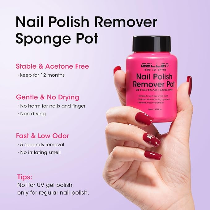 Gellen Nail Polish Remover, Dip Twist Sponge Nail Polish Remover Pot For Fingernail Toenail, Non-Acetone Fragrance Free, 5-9s Quick Removal, Lavender Scent No drying Formula Shea Butter & Vitamin E