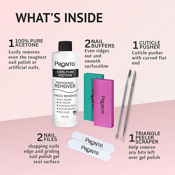 Pronto Acetone Nail Polish Remover 8 Fl Oz with Manicure Kit - Includes Nail File, Buffer, Pusher, Scraper - Pure Acetone 100 Percent - Quick & Professional Gel Acrylic Nail Remover Kit