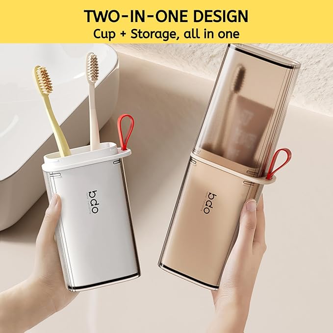 Toothbrush Travel Case, 2 in 1 Toothbrush Holder and Rinse Cup, Large Capacity Toothbrush Cup with Cover, Portable Travel Toothbrush Holder for Traveling, Camping, Trip - 1Pcs - Grey&White
