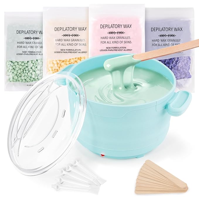 Waxing Kit, Foldable Wax Warmer with 4 Packs Hard Wax Beads, Silicone Wax Pot Machine for Full Body, Face, Eyebrows, Legs, Bikini, At Home Hair Removal Kit with 15 Accessories for Women Men, Green