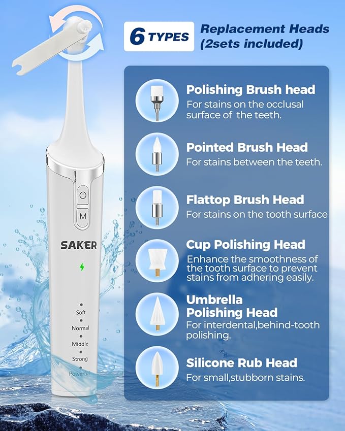 Saker Tooth Polisher, 2 Set Replacement Polishing Brush Heads(12pcs) Included, Rechargeable Tooth Polishing Kit, Dental Teeth Polisher with LED Light, 5 Speed Modes, Waterproof - White