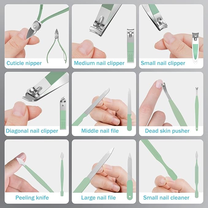 Manicure Set Personal Care, Nail Clipper Kit, Professional Nail Clipper Pedicure Set, Nail Tools with Luxurious Travel Case, Gifts for Men Women Family Friend, 31 Pieces (Green)