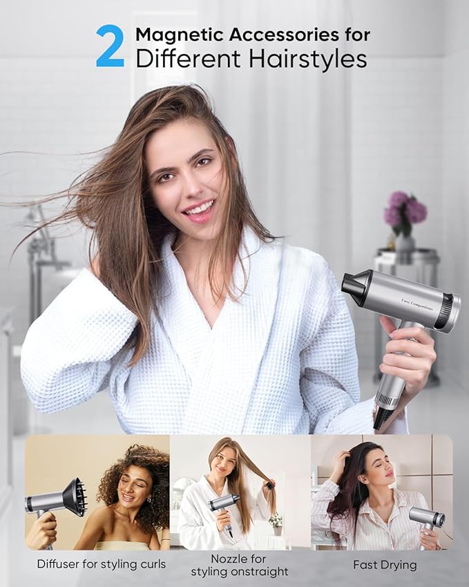 Hair Dryer - High-Speed 150,000 RPM Hairdryer for Fast Drying, 500Million Negative Ionic & Thermo-Control & Cool Shot Button & Lightweight & HD Display Blow Dryer with Magnetic Diffuser & Nozzle