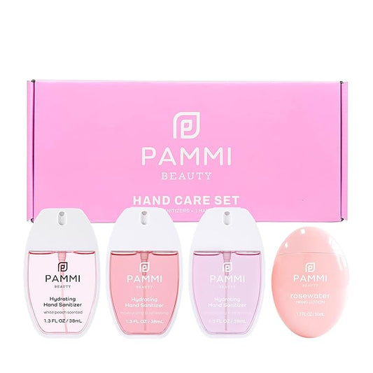 PAMMI Power Mist Hydrating Hand Sanitizer Spray, Portable Travel Size Pocket Scented Handsanitizer Mini Spray For Car - 600 Sprays (Gift Box (Rose Scent, Peach Scent, Guava Scent, Rose Water Lotion))