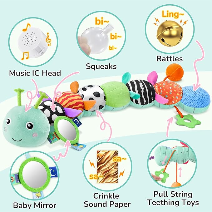 Baby Toys 6-12 Months Music Caterpillar Infant Toys Stuffed Animals 0-3-6 Months Teething Tummy Time Sensory Toys with Mirror Rattle&Pull String for Boys Girls Birthday Gifts|Tiffany Blue,Leafy