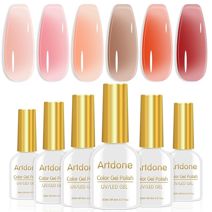 Artdone Sheer Gel Nail Polish Set Jelly UV Gel 6 Colors Translucent Nude Pink Orange Brown Colors Nail Polish For All Seasons Neutral Soak off LED Lamp Gel Manicure Kit For Nail Art