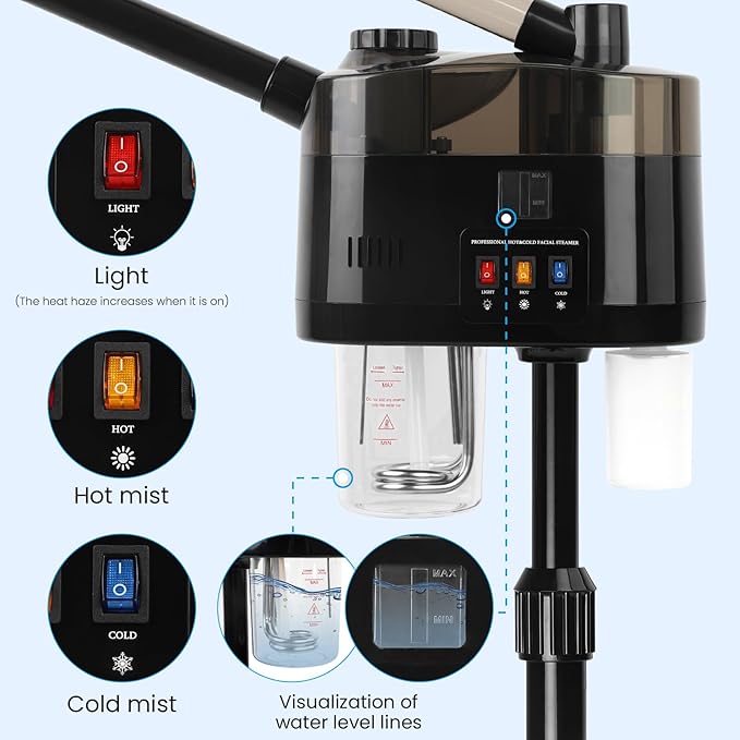 Professional Facial Steamer, 2 in 1 Hot&Cold Mist Facial Steamer, Facial Humidifier on Wheels, Esthetician Steamer for Facial Deep Cleaning and Moisturize, Suitable for Spa, Salon and at Home Use