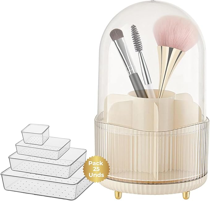 Makeup organizers – A set of 25 transparent plastic organizers in four sizes, ideal for makeup, jewelry, and cosmetics. Includes a rotating brush organizer.