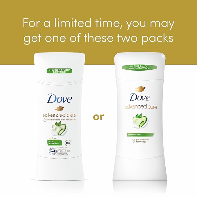 Dove Advanced Care Antiperspirant Deodorant Stick Cool Essentials 4 ct for helping your skin barrier repair after shaving 72 hour odor control and sweat protection with Pro Ceramide Technology 2.6 oz