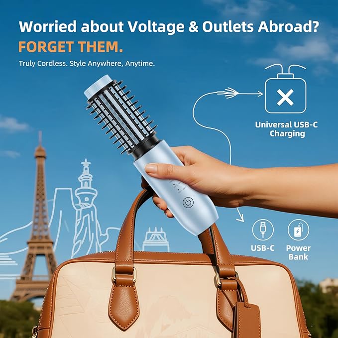 CARESKY® Cordless Curling Iron Brush, 1.5 Inch Mini Travel Hair Curler with 200 Million Negative Ions, Portable Heated Round Straightener Brush Rechargeable for Curl, Touch-Up, De-Frizz, Styling