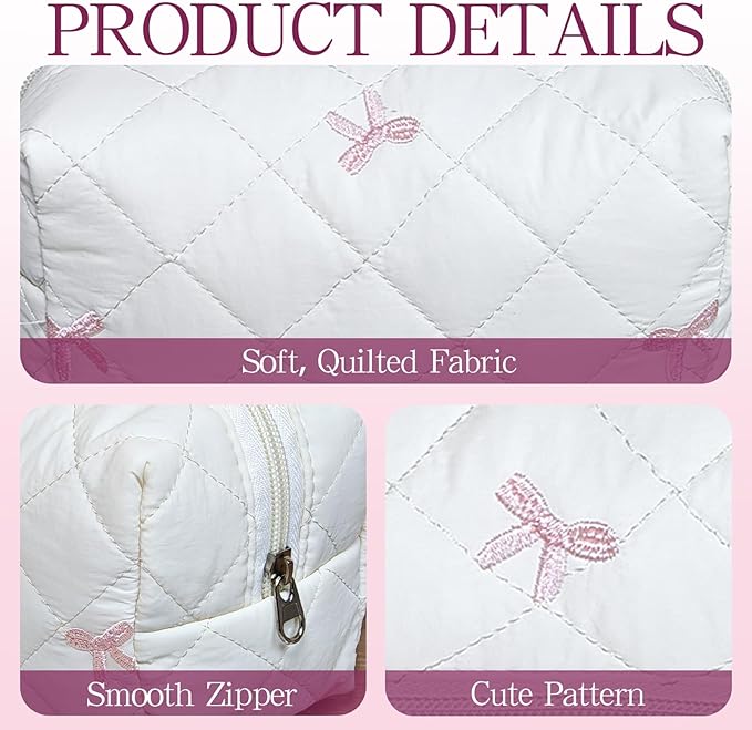 Quilted Makeup Pouch,Cotton Puffy Makeup Bag, Coquette Cosmetic Bag for Women and Girls, Aesthetic Organizer Bag, Cute Flower Travel Toiletry Bag