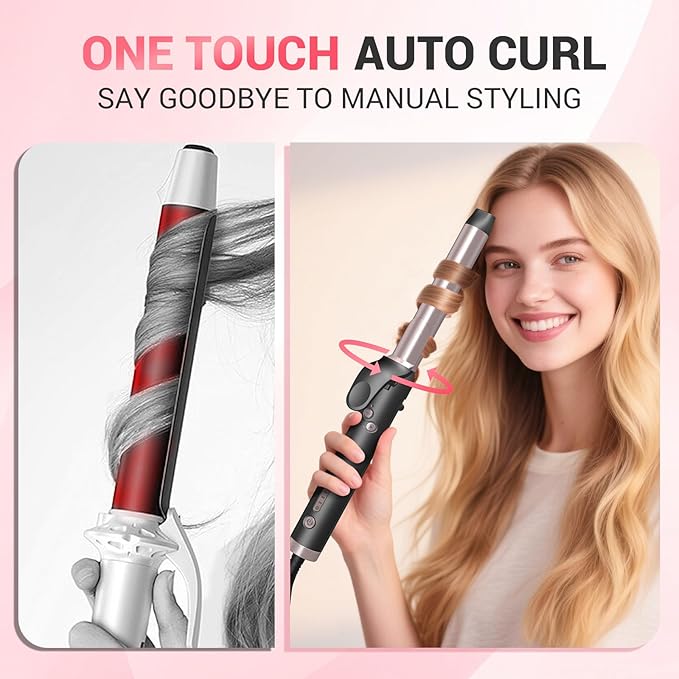 MQUPIN Rotating Curling Iron 0.75 inch Professional Automatic Wave Hair Curling Wand for Women, Dual Ceramic Voltage Fast Heating Hair Curlers for Long/Middle/Short All Hair (Rose Gold, 0.75 INCH)