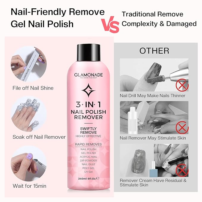 Acetone Nail Polish Remover: Professional Soak off Gel Polish Remover Natural Formula Rose Essential Oil for Acrylic Dip Powder Nail Supplies for Home Salon(8 Fl.Oz.)