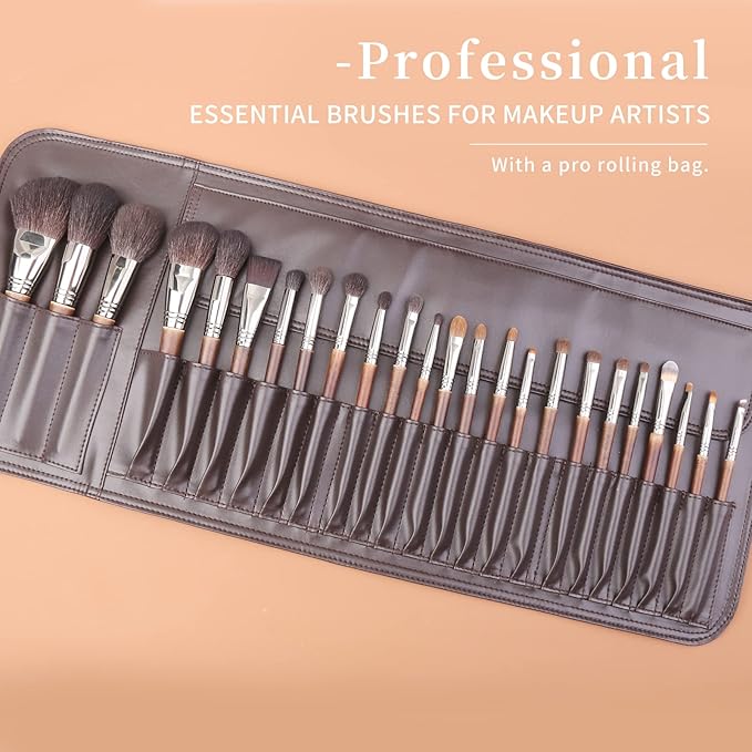 Deluxe Natural Goat Hair Makeup Brush Set with Case, 24 Cosmetic Brushes Makeup Set, Wooden Natural Makeup Brushes, Natural Bristle Makeup Brush, Natural Hair Makeup Brushes Set Professional.
