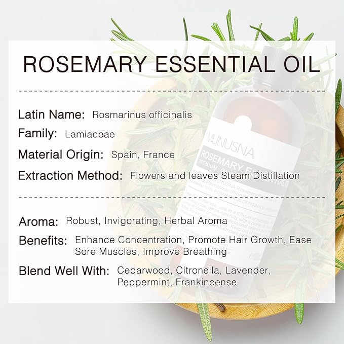 Rosemary Essential Oil 100ML, 100% Pure Rosemary Oil for Hair Growth, Premium Grade Aromatherapy Oils for Skin Care, Body Massage, Diffuser, Soap and Candle Making