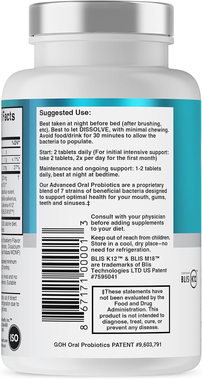 Oral Probiotics for Mouth Bad Breath Treatment for Adults; Dentist Formulated Dental Probiotics for Teeth and Gums, Chronic Halitosis with BLIS K12 M18, Chewable Oral Health Tablets Strawberry Vanilla